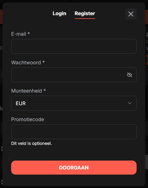 Wettson Casino registratieformulier met e-mail en wachtwoord